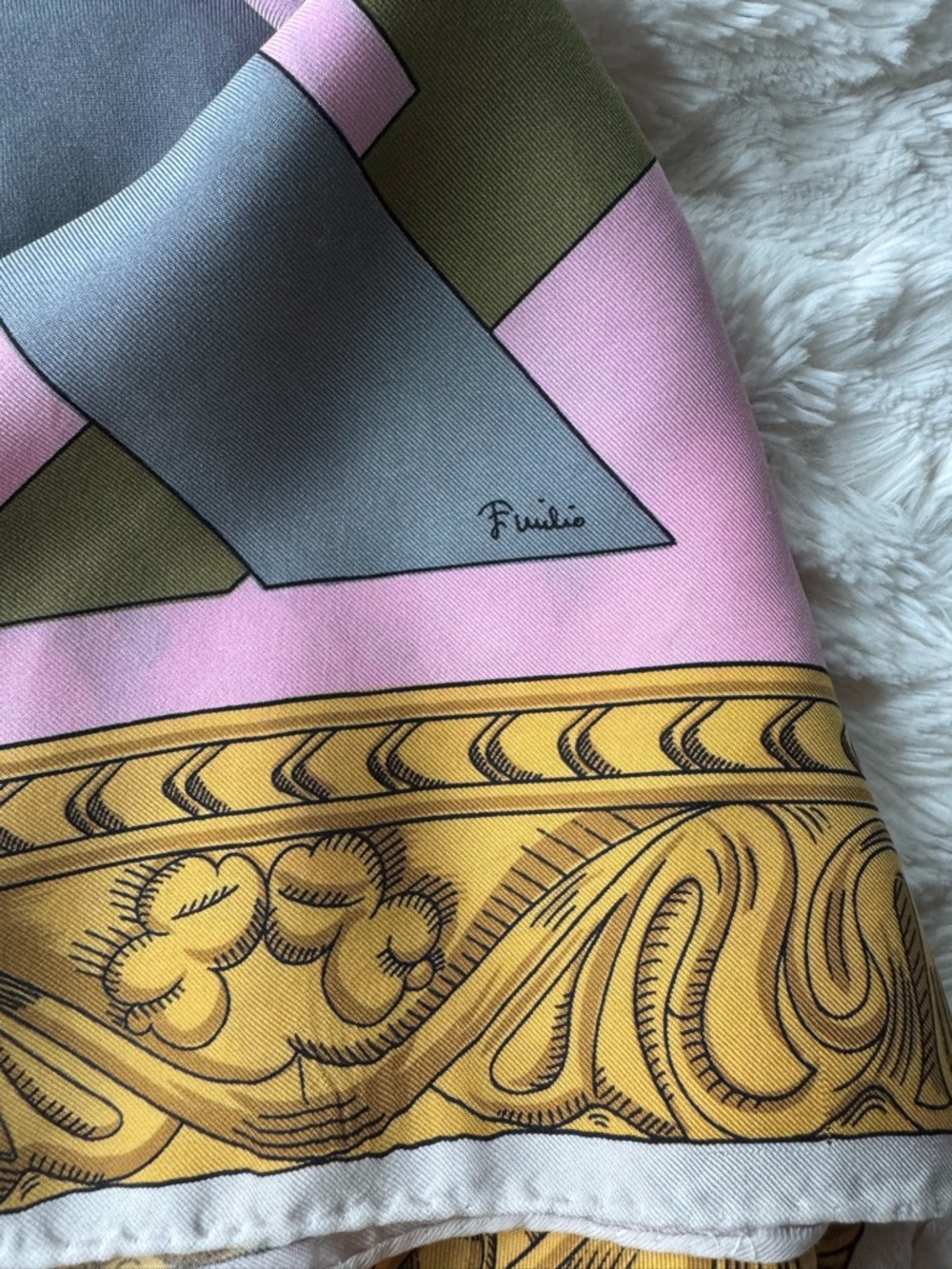 Emilio Pucci Pink, Olive & Gold Silk Scarf